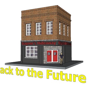 May include: A brick building with a red sign that reads "Gaynor's Hideaway". The building has a red door and a person standing in front of it. The text "Back to the Future" is written in yellow letters below the building.