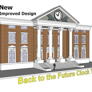 May include: A brick building with a clock tower and columns. The clock tower has a clock face with Roman numerals and a clock hand pointing to the number 12. The building has a white base and a gray sidewalk. The text "Back to the Future Clock Tower" is written below the building.