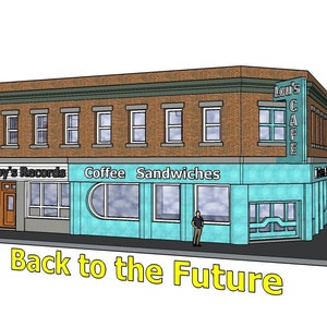 May include: A cartoon illustration of a building with three shop fronts. The shop fronts are labelled "Roy's Records", "Coffee", and "Sandwiches". The building has a sign that says "Lou's Cafe" on the corner. The building is set against a white background.