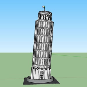 Puede incluir: Un dibujo en blanco y negro de la Torre Inclinada de Pisa, un famoso monumento en Italia. La torre se representa con una pequeña bandera italiana en la parte superior.