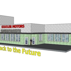 Peut inclure: Illustration d'un bâtiment avec le texte "STATLER MOTORS STUDEBAKER" en rouge et blanc. Le bâtiment a une façade verte, plusieurs fenêtres et une personne près de l'entrée. Les mots "Back to the Future" sont écrits en jaune.