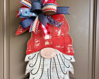 Patriotic Gnome Door Hanger for front porch, Wooden Gnome Door Decor, 3D Patriotic Door Hanger, 4th of July Decor, Independence Day Hanger