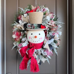 Winter Burlap Snowman Wreath for front porch, Rustic Winter Snowman Decor, Farmhouse Door Decor, Flocked Winter Wreath, Country Christmas