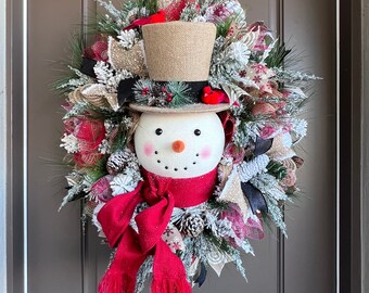 Winter Burlap Snowman Wreath for front door, Rustic Winter Snowman Decor, Farmhouse Door Decor, Flocked Winter Wreath, Country Christmas