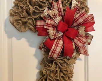 Christmas Candy Cane Wreath for front door, Burlap Ruffled Candy Cane, Burlap and Snowflakes, Rustic Christmas