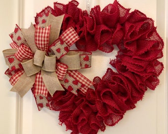 Year Round Wreath, Everyday Decor, Valentine Heart Wreath, Red Burlap Wreath, Ruffle Burlap Wreath, Valentines Day Decoration, Bow Choice