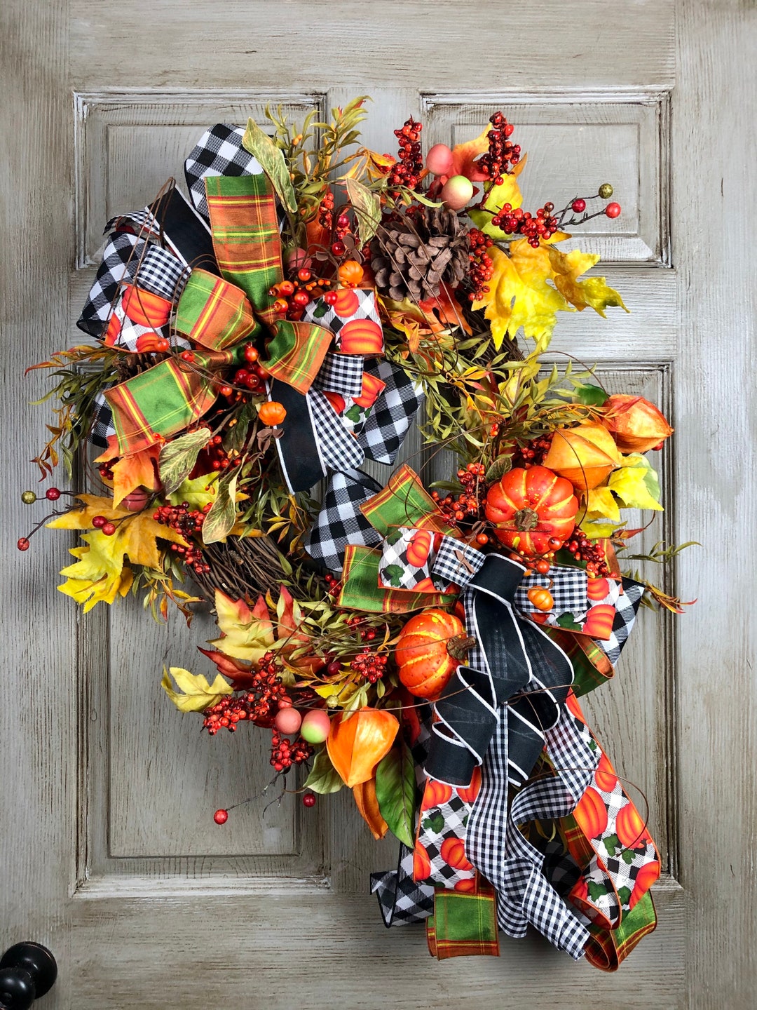 Fall Grapevine Wreath for Front Porch, Pumpkin and Acorn Decorations ...