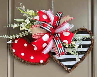 Valentine Double Heart Grapevine Door Hanger for front door, Black and White Print Heart Wreath, Red Polka Dot Heart, Double Heart Wreath