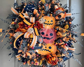 Halloween Jack O Lantern Wreath for front porch, Halloween Door Decor, Not so Spooky Pumpkin Wreath,  Orange and Black Halloween Decoration