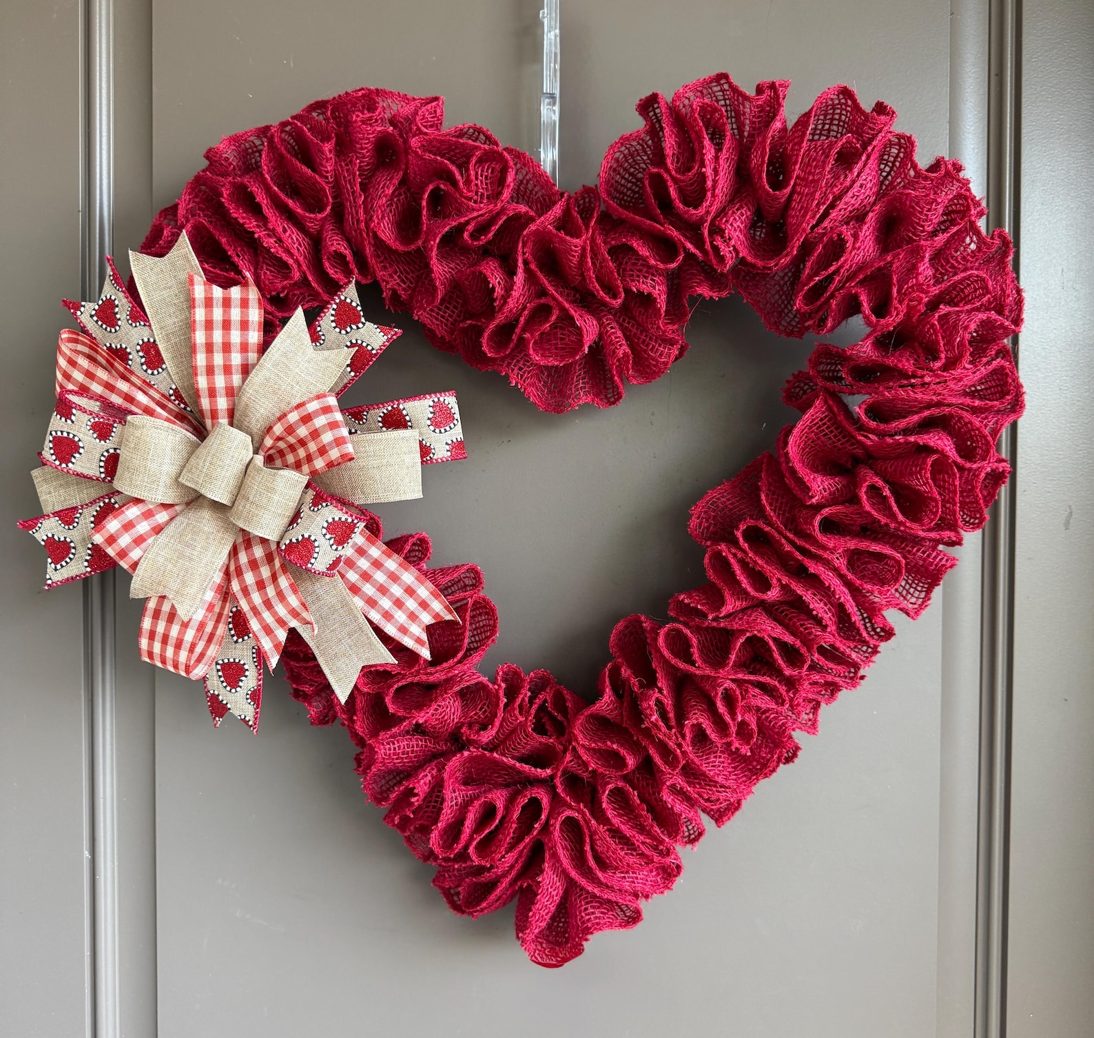 Larger Year Round Wreath, Everyday Decor, Valentine Heart Wreath, Red Ruffle Burlap Wreath, Valentines Day Decoration, Bow Choice