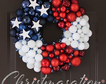 Patriotic Red White and Blue Bauble Wreath, Memorial Day Wreath, Fourth of July Wreath, Front Door Wreath, Fourth of July Decor, Pre-Lit