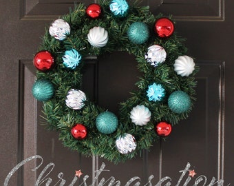 Pre-Lit Teal Silver Red Ornament Christmas Wreath with Dual Powered Lights, Holiday Wreath, Door Wreath, Shatterproof Ornaments, Xmas Decor