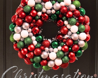 Red Green White Silver Bauble Christmas Wreath, Ornament Wreath, Front Door Wreath, Xmas Decor, Shatterproof Ornaments