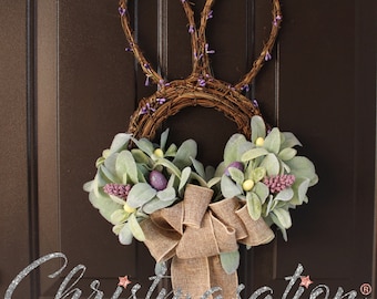 Lamb's Ear Twig Easter Bunny Wreath with Burlap Bow Lavender and Berry Vines, Easter Decor, Front Door Wreath, Easter Wreath, Easter Eggs