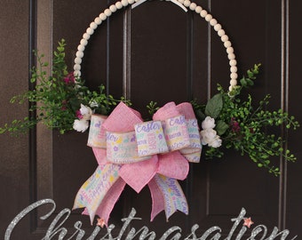 Beaded Floral Easter Hoop Wreath with Pink Sedum, Eucalyptus Cream Hops and Happy Easter Decorative Bow, Door Wreath, Easter Décor