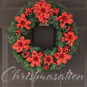 Red Glitter Poinsettia Christmas Wreath: Holiday Doorway Decor, Light Option Available