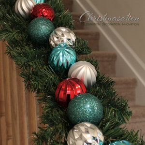 Teal Red Ornament Christmas Garland w/ Pre-Lit Option, for Staircase, Mantle, Door, Shatterproof Ornaments, Xmas Decor, Holiday Garland