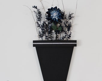 Ombre Blue Dahlia and Dark Blue Eucalyptus Floral Arrangement in Wood Vase Floral Wall Art, Wood Hanging Vase, Wall Plant, Mother's Day Gift