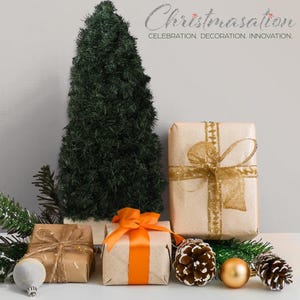 May include: A small artificial Christmas tree with brown wrapped gifts, pine cones, and gold ornaments. The gifts are tied with gold and orange ribbon. The text "Christmasation Celebration. Decoration. Innovation." is at the top of the image.