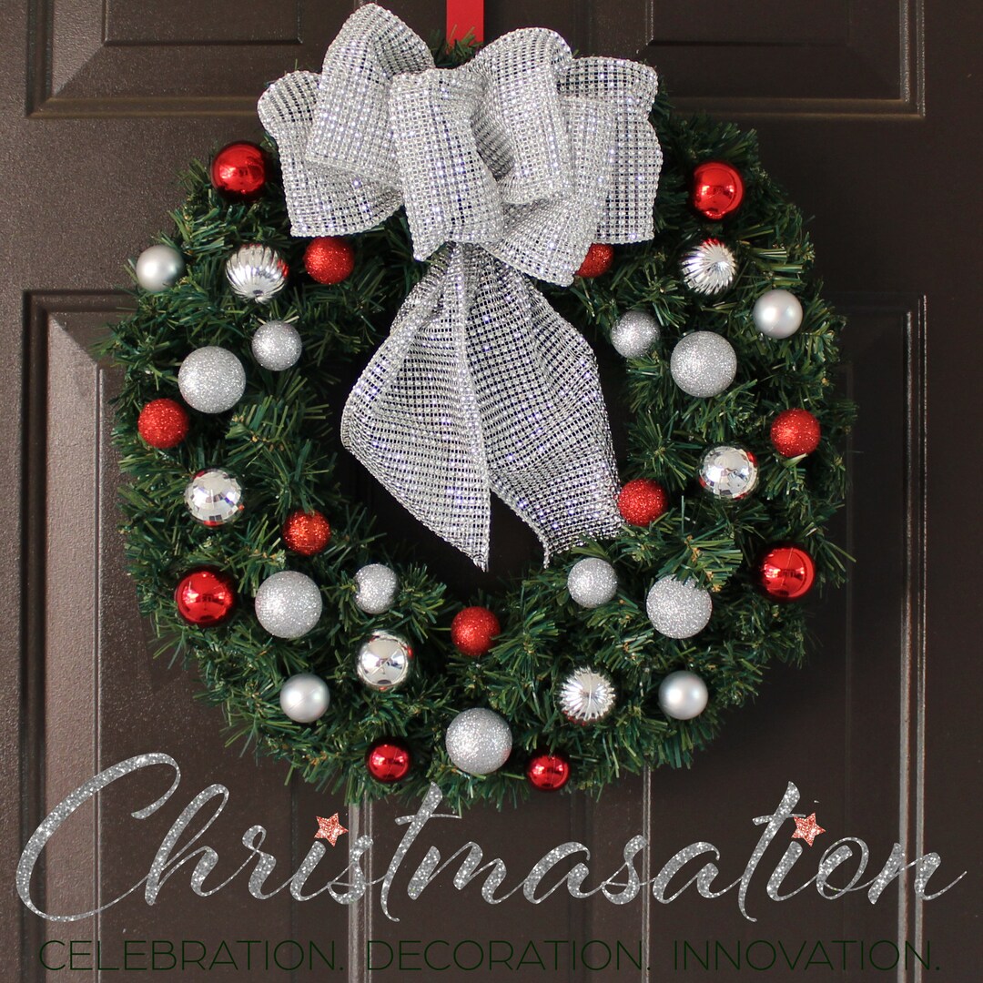 Pre-lit Silver and Red Ornament Bling Bow Christmas Wreath With Dual ...