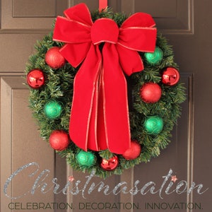 Red and Green Classic Christmas Wreath with Red Velvet Bow & Shatterproof Ornaments, Light Option Available