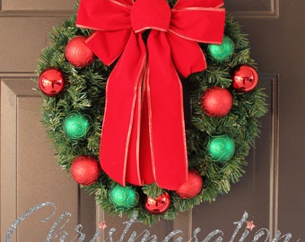 Pre-Lit and Pre-Decorated Classic Christmas Wreath, Red and Green Ornament, Holiday Decoration, Front Door Wreath, Shatterproof Ornaments