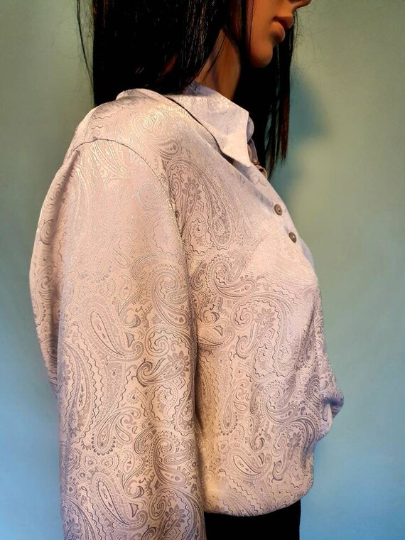 Vintage silk 80s paisley blouse  white grey ivory… - image 5