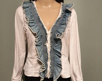 Vintage moschino denim blusa camisa ruffles tamaño