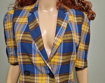 Vintage checkered shoulderpads dress blue yellow