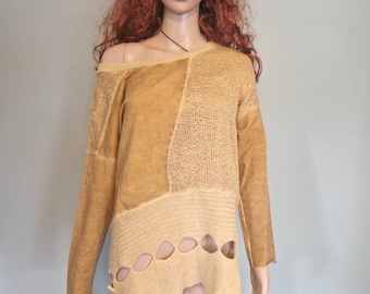 Vintage 80s oversized sweater camel suede sequins patchwork