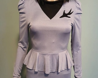 Vintage 70s peplum spandex puff sleeves vestido gris azul