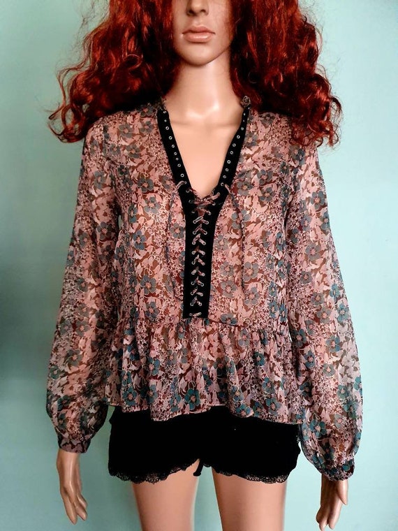 Vintage boho flower power blouse leather 70s - image 2