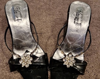 Vintage Black laquer mules with rhinestones. Size 38