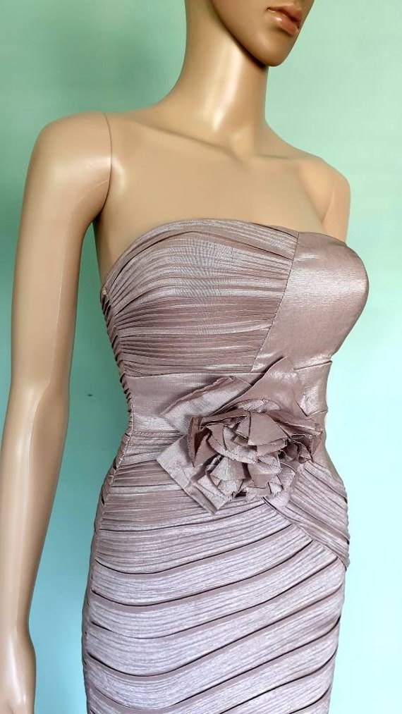 Vintage 80s cocktail dress strapless taupe silk prom bow