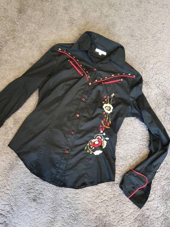 Vintage 80s western cowgirl embroidered blouse ro… - image 1