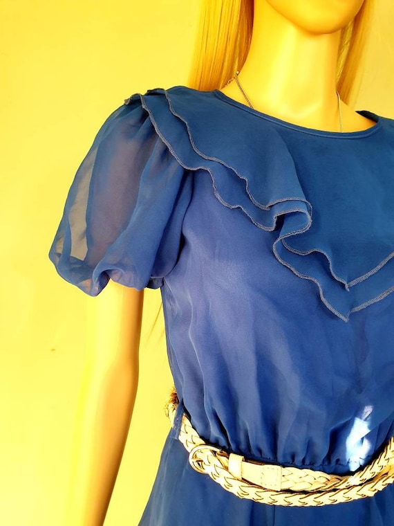 Vintage Blue Chiffon Dress Layers Ruffles Mesh 70s 80s