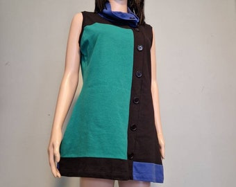Vintage 80s color blocking button dress Black blue green