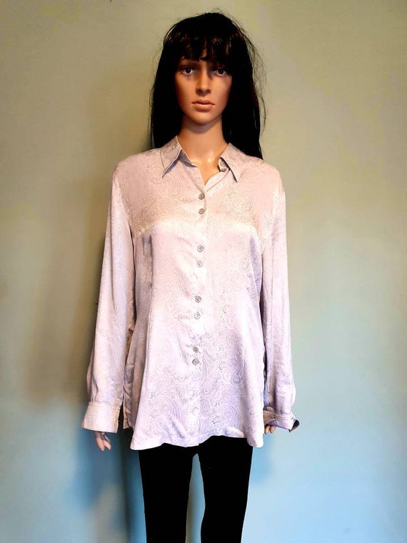 Vintage silk 80s paisley blouse  white grey ivory… - image 3