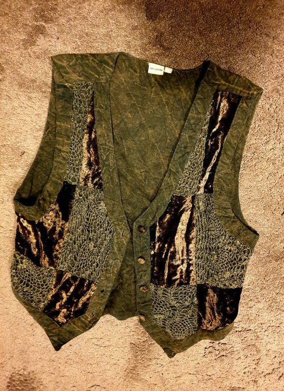 Waistcoat velvet crocheted olive green patchwork