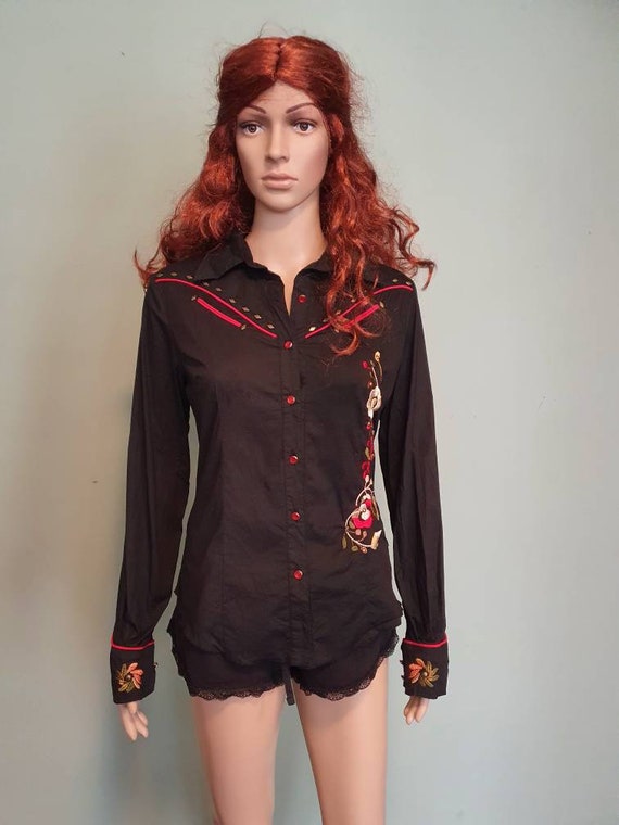 Vintage 80s western cowgirl embroidered blouse ro… - image 4