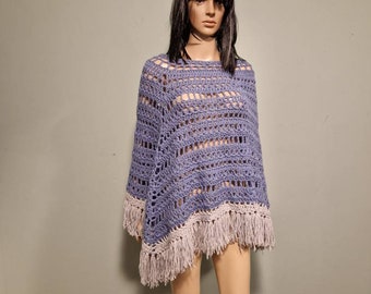 Vintage blue gray 70s poncho cape fringes