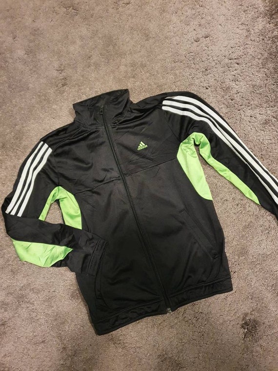Adidas jacket black with green stripes best sale
