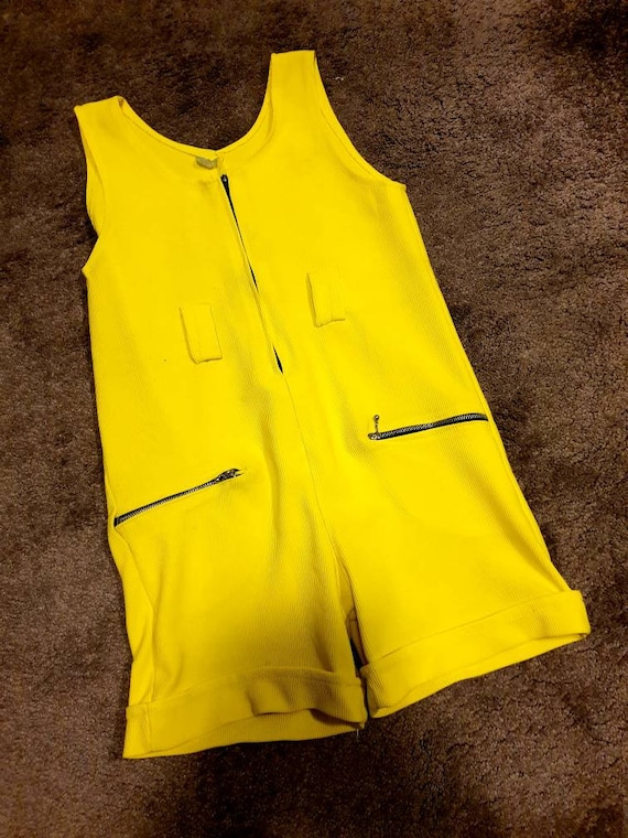 Vintage 80s neon yellow ribbed jumpsuit playsuit p