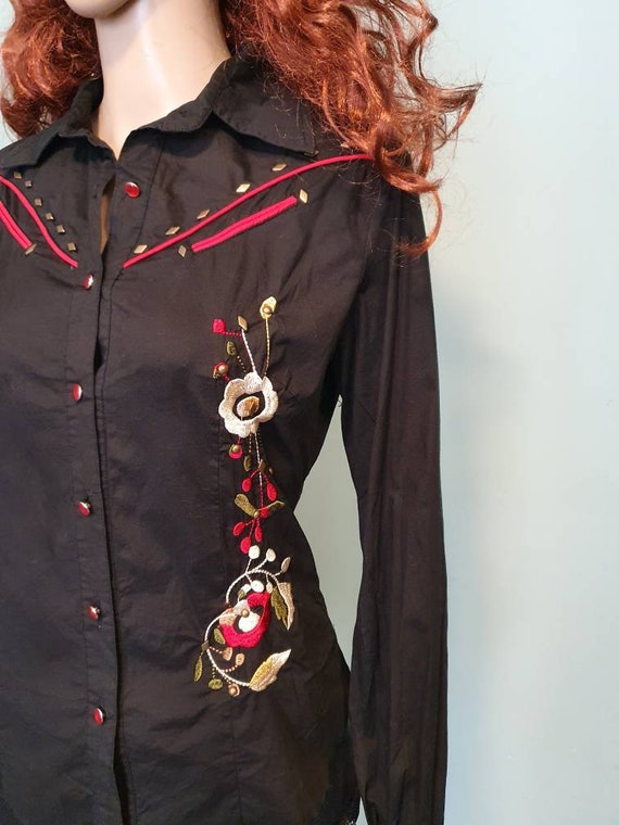 Vintage 80s western cowgirl embroidered blouse ro… - image 2
