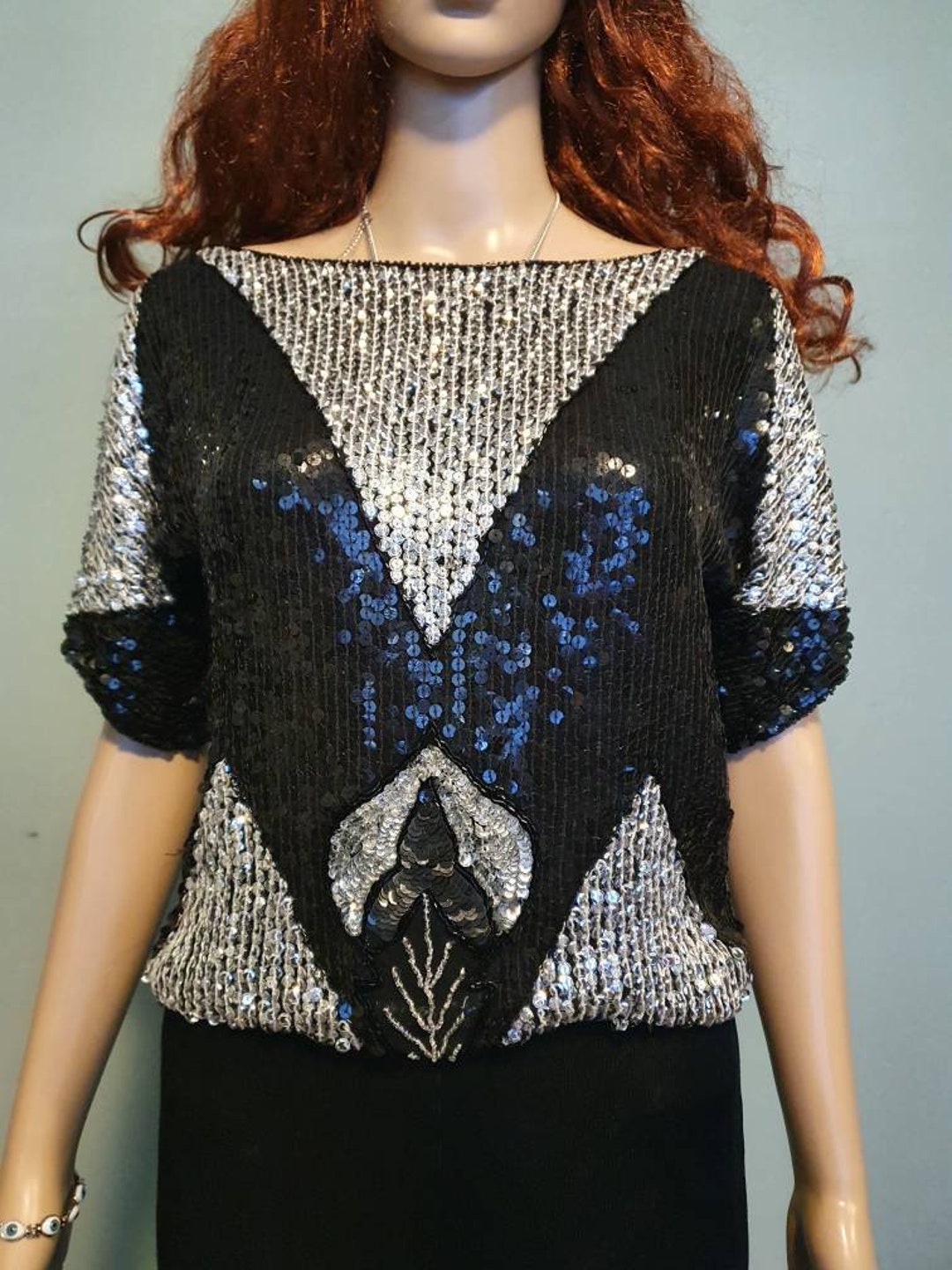 70s Vintage Sequin Disco Top Black Silver Size M