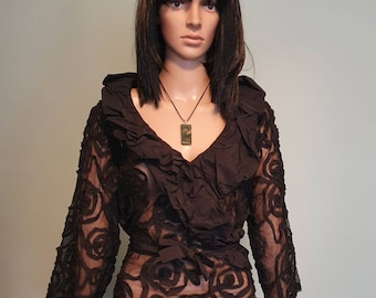 Vintage 80s wrap blouse lace mesh embroidered roses with a big collar