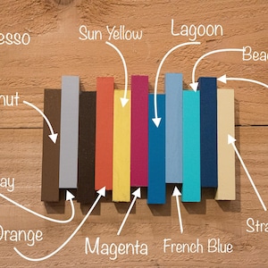 May include: A set of ten paint color samples, arranged horizontally on a wood surface. The colors are: Stone Gray, Chestnut, Espresso, Fire Orange, Magenta, Sun Yellow, Lagoon, French Blue, Evening Navy, and Strawflower.