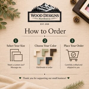 K&ouml;nnte beinhalten: Bild mit dem Text "Wood Designs Northwest EST. 2018" und "How to Order". Schritte umfassen die Auswahl der Gr&ouml;&szlig;e, die Farbauswahl und die Bestellung. Enth&auml;lt Farbmuster und ein Einkaufswagen-Symbol.