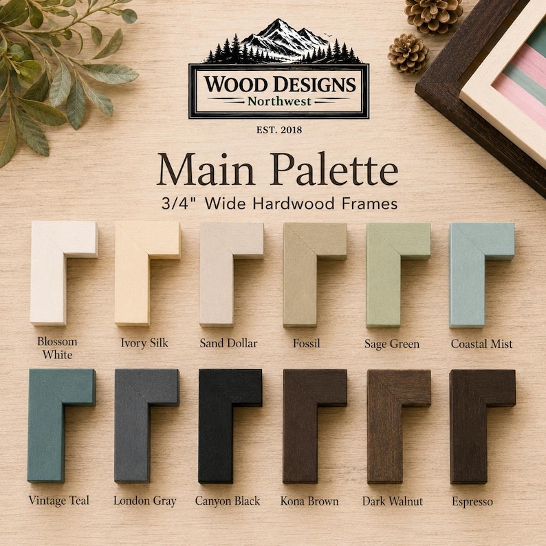 K&ouml;nnte beinhalten: Darstellung von Eckmustern f&uuml;r Hartholzrahmen in verschiedenen Farben, darunter Blossom White und Canyon Black. Der Text "Main Palette" und "3/4" Wide Hardwood Frames" ist sichtbar. Das Logo von Wood Designs Northwest befindet sich oben.