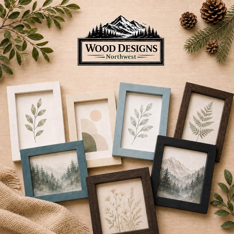 K&ouml;nnte beinhalten: Eine Sammlung gerahmter Kunstdrucke mit botanischen und Landschaftsmotiven. Die Rahmen sind in verschiedenen Farben erh&auml;ltlich, darunter Wei&szlig;, Blau und Braun. Das Logo von Wood Designs Northwest befindet sich oben, mit nat&uuml;rlichen Elementen wie Tannenzapfen und Gr&uuml;n.